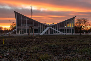 Dawn over Hyparschale, listed building, built according to plans by civil engineer Ulrich Müther, Magdeburg, Saxony-Anhalt, Germany