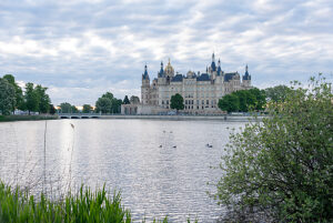 Schwerin Castle, monumental facade, golden dome, dramatic sky, clouds, Schwerin, Mecklenburg-Western Pomerania, Germany