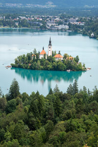Lake Bled in north-western Slovenia with the famous island church of the Assumption of the Virgin Mary, Bled, Upper Carniola region (Gorenjska), Slovenia