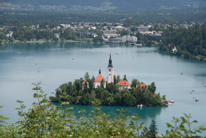Lake Bled in north-western Slovenia with the famous island church of the Assumption of the Virgin Mary, Bled, Upper Carniola region (Gorenjska), Slovenia