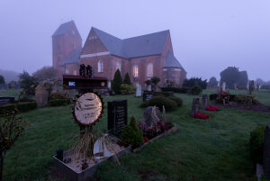 Church of St. Johannis in the morning fog, Nieblum, Föhr Island, Schleswig-Holstein, Germany