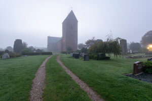 Church of St. Johannis in the morning fog, Nieblum, Föhr Island, Schleswig-Holstein, Germany