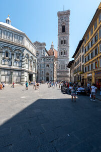 Piazza del Duomo with the Cathedral of Santa Maria del Fiore, the Baptistery of San Giovanni and Giotto's bell tower, Florence, Tuscany, Italy.