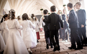 First Communion, children on their way to mass First Communion, children on their way to mass