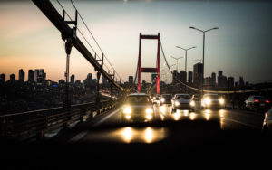 Bosphorus Bridge, Istanbul, Turkey, dusk, cars and traffic Bosphorus Bridge, Istanbul, Turkey, dusk, cars and traffic