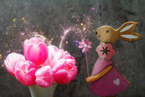 Easter decoration, easter bunny and pink tulips Easter decoration, easter bunny and pink tulips