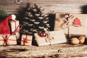 Christmas decoration and gifts on wood Christmas decoration and gifts on wood