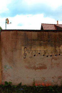 Wall, painted, notes, houses, sky Wall, painted, notes, houses, sky