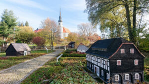 Europe, Germany, Saxony, Upper Lusatia, Cunewalde, Environment Park with a view of the village church