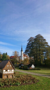 Europe, Germany, Saxony, Upper Lusatia, Cunewalde, Environment Park with a view of the village church