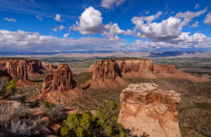 USA, Colorado, Colorado National Monument, Fruita, Monument Canyon with Independence Monument and The Island, Grand View USA, Colorado, Colorado National Monument, Fruita, Monument Canyon with Independence Monument and The Island, Grand View