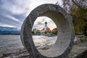 Germany, Bavaria, Swabia, Lake Constance, Wasserburg, harbor with parish church of St. George Germany, Bavaria, Swabia, Lake Constance, Wasserburg, harbor with parish church of St. George