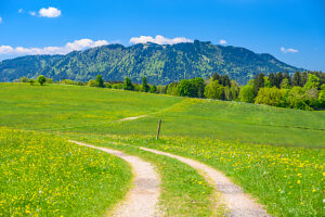 Germany, Bavaria, Tölzer Land, Isarwinkel, Greiling, Attenloher Feld against Blomberg
