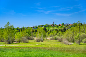 Germany, Bavaria, Tölzer Land, Isarwinkel, Gaißach, Attenloher Filzen with view of the village