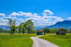 Germany, Bavaria, Tölzer Land, Isarwinkel, Gaißach, district Mühle, spring landscape against Karwendelgebirge & Brauneck