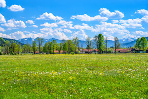 Germany, Bavaria, Tölzer Land, Isarwinkel, Gaißach, district Mühle, spring landscape against Karwendelgebirge & Lehen