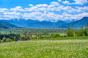 Germany, Bavaria, Tölzer Land, Isarwinkel, Gaißach, spring landscape against the Karwendel mountains