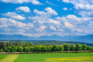 Germany, Bavaria, Tölzer Land, Icking, Spring landscape against the foothills of the Alps with Karwendel mountains