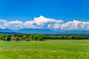 Germany, Bavaria, Tölzer Land, Egling, district Attenham, spring landscape with district Wörschhausen against the Alps