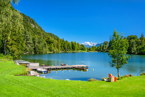 Austria, Tyrol, district Kufstein, Kramsach, Reintaler See against Kaisergebirge, view from Restaurant Fischerstube