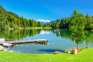 Austria, Tyrol, district Kufstein, Kramsach, Reintaler See against Kaisergebirge, view from Restaurant Fischerstube