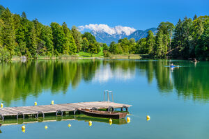 Austria, Tyrol, district Kufstein, Kramsach, Reintaler See against Kaisergebirge, view from Restaurant Fischerstube