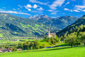 Austria, Tyrol, Zillertal, Fügenberg, district Pankrazberg, pilgrimage church St. Pankraz against Gerlos Massif