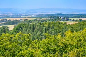 Germany, Hesse, Taunus, Bad Camberg, Treetop Walk, View to the Chapel of the Cross