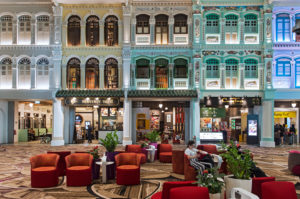 Facade with replicas of various forms of traditional Peranakan shophouse architecture in Singapore, Heritage Zone, Terminal 4, Changi Airport Singapore Facade with replicas of various forms of traditional Peranakan shophouse architecture in Singapore, Heritage Zone, Terminal 4, Changi Airport Singapore