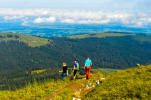 Three hikers in the Moleson hiking area, Moléson-sur-Gruyères, Canton of Friborg, Switzerland Three hikers in the Moleson hiking area, Moléson-sur-Gruyères, Canton of Friborg, Switzerland