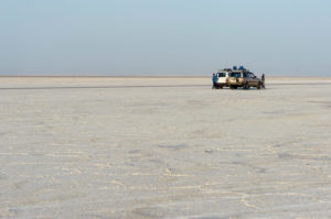 Four-wheel drive vehicles stand on the salt crust of the Assale Salt Lake, Hamedala, Danakil Valley, Afar Region, Ethiopia Four-wheel drive vehicles stand on the salt crust of the Assale Salt Lake, Hamedala, Danakil Valley, Afar Region, Ethiopia