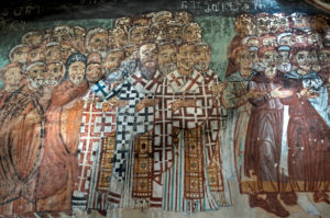 Group of church fathers, fresco from the late Middle Ages, narthex of the St. Nicholas Church in the Georgian Orthodox Qinzwissi Monastery, Inner Carthaginian Region, Georgia Group of church fathers, fresco from the late Middle Ages, narthex of the St. Nicholas Church in the Georgian Orthodox Qinzwissi Monastery, Inner Carthaginian Region, Georgia