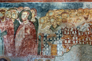 Group of church fathers, fresco from the late Middle Ages, narthex of the St. Nicholas Church in the Georgian Orthodox Qinzwissi Monastery, Inner Carthaginian Region, Georgia Group of church fathers, fresco from the late Middle Ages, narthex of the St. Nicholas Church in the Georgian Orthodox Qinzwissi Monastery, Inner Carthaginian Region, Georgia