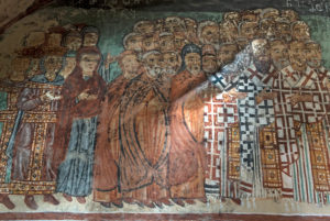 Group of church fathers, fresco from the late Middle Ages, narthex of the St. Nicholas Church in the Georgian Orthodox Qinzwissi Monastery, Inner Carthaginian Region, Georgia Group of church fathers, fresco from the late Middle Ages, narthex of the St. Nicholas Church in the Georgian Orthodox Qinzwissi Monastery, Inner Carthaginian Region, Georgia