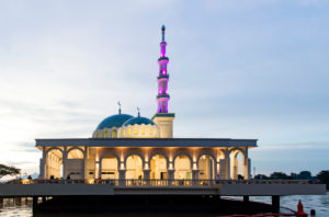 Floating mosque on the banks of the Sarawak River at dusk, Kuching, Sarawak, Borneo, Malaysia Floating mosque on the banks of the Sarawak River at dusk, Kuching, Sarawak, Borneo, Malaysia