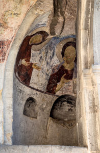 Mural painting from the 12th century, Narthex of the Church of the Assumption of Mary, Wardsia Cave Monastery, Erusheti Mountains, Meskheti, Georgia Mural painting from the 12th century, Narthex of the Church of the Assumption of Mary, Wardsia Cave Monastery, Erusheti Mountains, Meskheti, Georgia