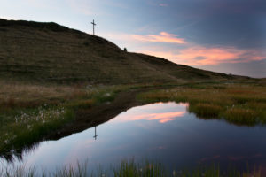 Summit, mirroring, summit cross, lake, sky, clouds Summit, mirroring, summit cross, lake, sky, clouds