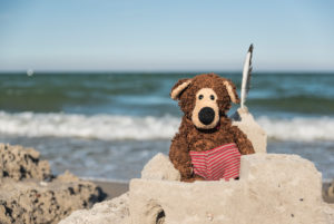 Teddy in beach castle, in the background the Baltic Sea, Teddy in beach castle, in the background the Baltic Sea,