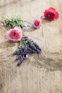 Flower decoration of lavender and pink roses on old wooden board, Flower decoration of lavender and pink roses on old wooden board,
