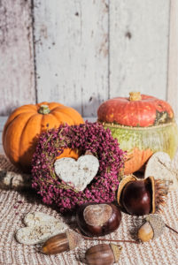 Autumnal still life with pumpkin, wreath made of erica, heart for decoration, and chestmothers and acorns Autumnal still life with pumpkin, wreath made of erica, heart for decoration, and chestmothers and acorns