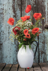floral still life, wild flowers and poppy blossoms in old enamel pot in front of an old door, floral still life, wild flowers and poppy blossoms in old enamel pot in front of an old door,