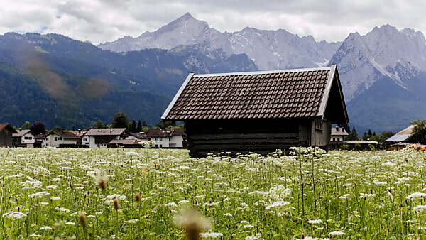 Wooden hut / hay barn in Garmisch-Partenkirchen with alpine panorama in the background Wooden hut / hay barn in Garmisch-Partenkirchen with alpine panorama in the background