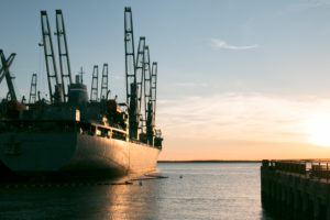 Warship loader at sunset on the York River harbor in Virginia, USA Warship loader at sunset on the York River harbor in Virginia, USA