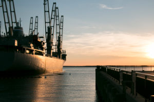 Warship loader at sunset on the York River harbor in Virginia, USA Warship loader at sunset on the York River harbor in Virginia, USA