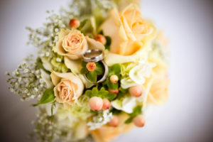 Detail, wedding, bridal bouquet with wedding rings Detail, wedding, bridal bouquet with wedding rings