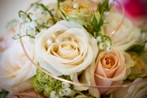 Detail, bridal bouquet with wedding rings Detail, bridal bouquet with wedding rings