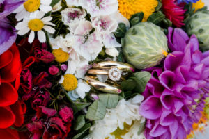 Detail, bridal bouquet with wedding rings Detail, bridal bouquet with wedding rings