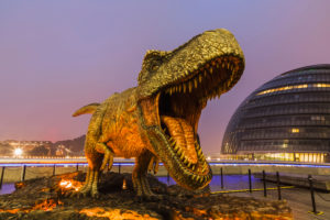 England, London, Southwark, London Bridge City, Tyrannosaurus Rex Dinosaur and City Hall England, London, Southwark, London Bridge City, Tyrannosaurus Rex Dinosaur and City Hall