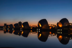England, London, Greenwich, The Thames Barrier and River Thames at Night England, London, Greenwich, The Thames Barrier and River Thames at Night