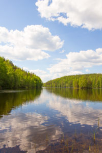 Lake Landscape, White Clouds Reflections, Summer Scenery, Finland Lake Landscape, White Clouds Reflections, Summer Scenery, Finland